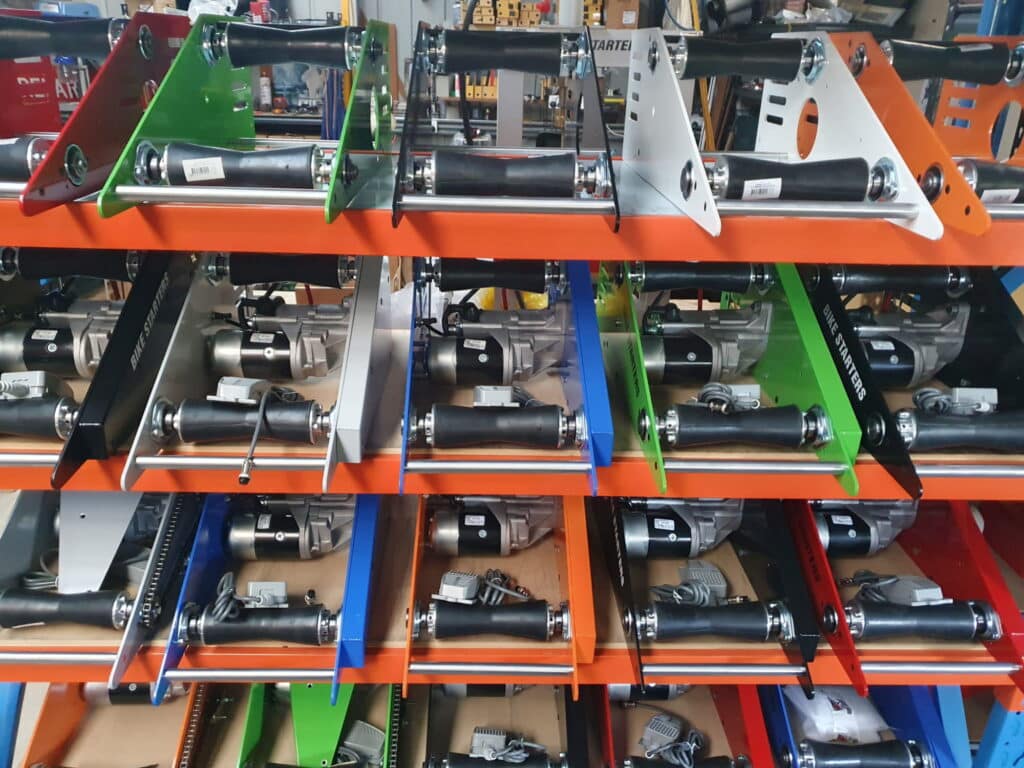 Ready made motorcycle roller starters colorful display of Bike Starters on shelf